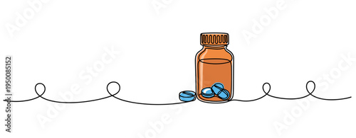 Medicine bottle with pills placed on continuous line surface. no editable strokes