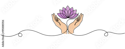 Hands holding lotus flower symbolizing wellness and care. no editable strokes
