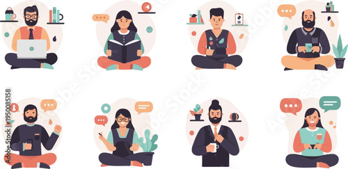Diverse individuals in casual attire practice mindful activities with technology and reading