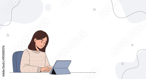 Young Woman Working on a Tablet Computer at a Desk, Minimalist Background