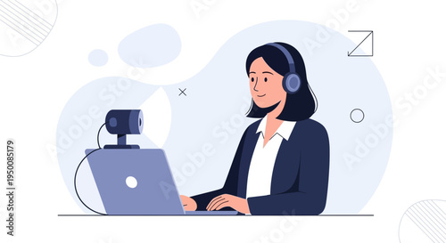 Woman with headphones and webcam on laptop, online communication, remote work concept