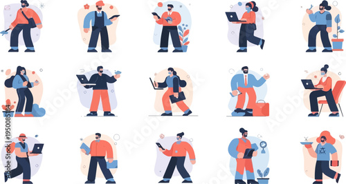 Diverse individuals in contemporary attire engaged with technology and daily tasks