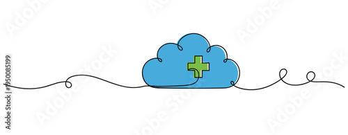 Cloud with medical cross resting on continuous line background. no editable strokes