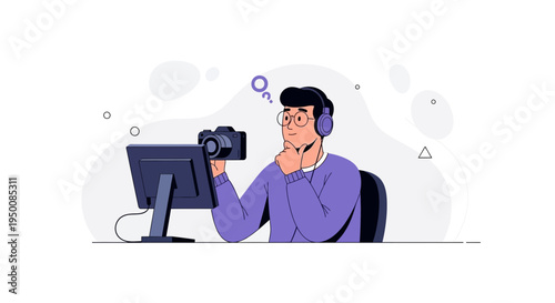 Young Man with Headphones and Camera Thinking at Computer