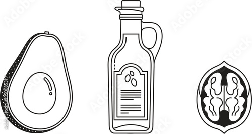Minimalist line art illustration of healthy fat sources including avocado olive oil and walnut isolated on white for nutrition and wellness designs