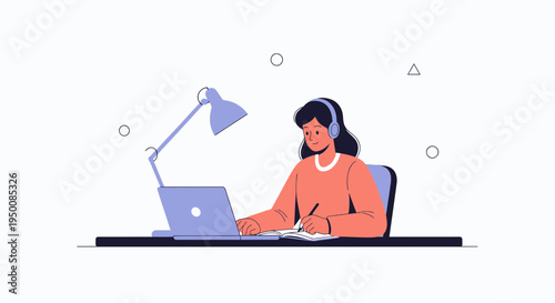 Young woman studying online with headphones and laptop, taking notes