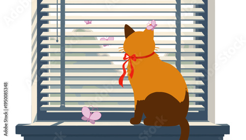 Cat with a ribbon looking at butterflies through closed blinds