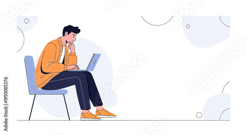 Man Sitting on Chair Working on Laptop, Thinking Pose, Modern Flat Illustration