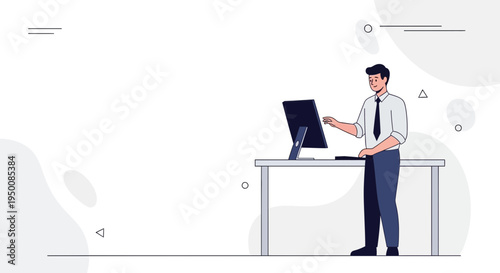 Man in Office Standing at Desk Working on Computer, Modern Minimalist Style