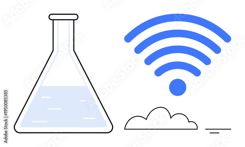 Science and technology concept. Science merging with digital innovation by flask, wireless, and cloud symbols. Science influencing technology advancements and modern network connectivity