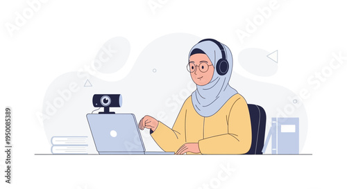 Muslim woman in hijab and headphones learning online with laptop and webcam