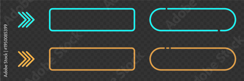 Glowing neon UI button frame in blue and orange colors. Modern light rectangle for web design, gaming interfaces, call to action labels and digital banners.