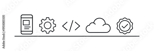 Mobile application development workflow and modern digital product interface creation for scalable online services, smartphone, gear, code brackets, cloud, and checkmark badge