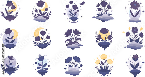 Mystical floral illustration collection with moon, clouds and botanical plants, dreamy night garden flowers in soft purple tones, magical nature vector icon set