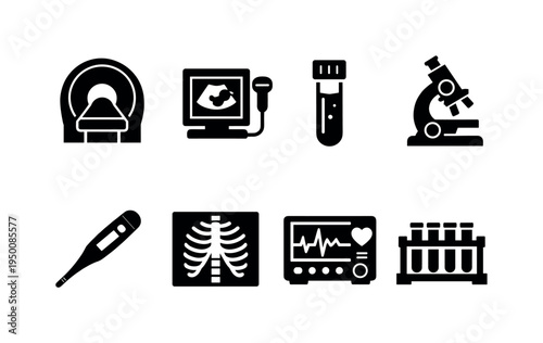 Medical diagnostics equipment: MRI scanner machine, ultrasound monitor probe, blood test vial, laboratory microscope, medical thermometer, X-ray film frame, heart monitor device