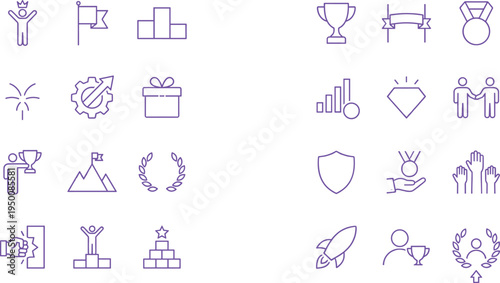 Achievement success and award outline icon set with trophy medal winner crown goal growth recognition leadership symbols