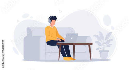 Man working on laptop with headphones on couch, modern illustration