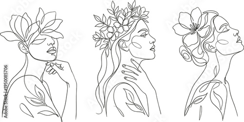 Abstract female portraits with flowers continuous line drawing set elegant botanical woman faces minimalist beauty illustration collection for modern art design