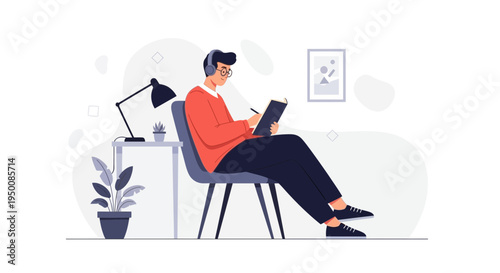 Man with headphones studying and writing in a notebook at home office desk