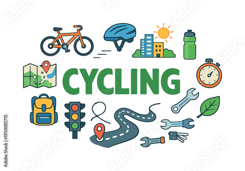 Urban cycling lifestyle focused on eco-friendly transportation, daily commuting, and active city mobility that supports both health and sustainability. CYCLING central title