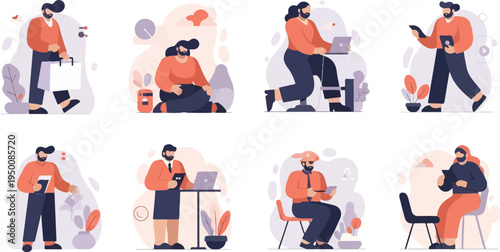 Diverse individuals engaged in various modern activities, depicted in flat illustration style