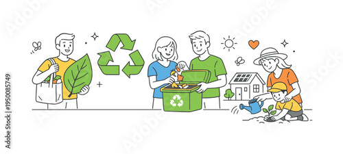 A sustainable lifestyle moment where a small group adopts environmentally friendly habits and supports daily choices that reduce waste and protect natural resources in everyday