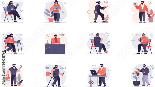 Diverse individuals engaged in various modern activities, depicting daily life