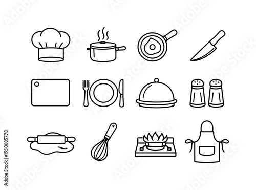Cooking and dining essentials: chef hat, saucepan pot with steam, frying pan with egg, kitchen knife, cutting board, plate with cutlery, serving cloche dome, salt and pepper
