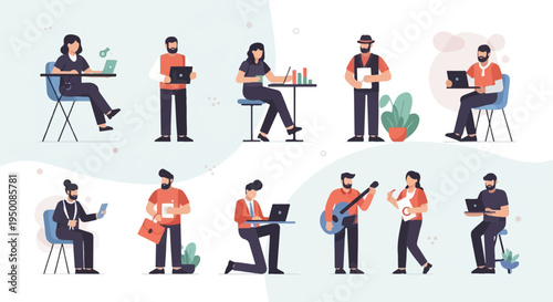 Diverse individuals engaged in various modern activities, from work to hobbies