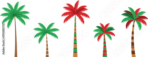 Vector illustration set of stylized palm trees featuring colorful fronds, segmented trunks, tropical vegetation, festive designs, and exotic summer icons.