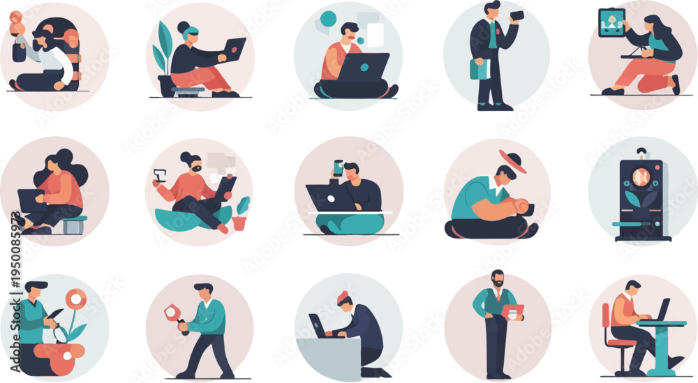 Fototapeta premium Diverse individuals engaged in various digital activities, depicted in circular icons