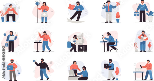 Diverse individuals engaged in various modern activities, including work, hobbies, and everyday tasks