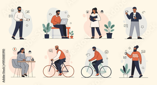 Diverse individuals engaged in various modern activities like working and cycling