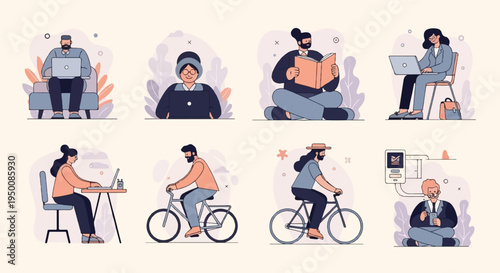 Diverse individuals engaged in various modern activities like working and reading