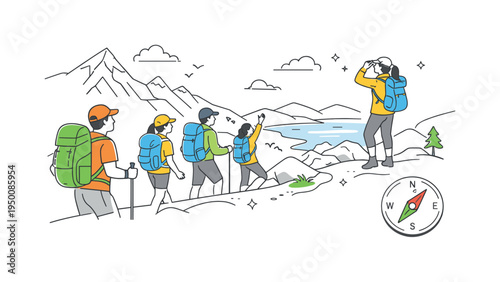A travel and adventure concept where a group of hikers moves along a scenic trail while exploring nature and reaching new viewpoints during a trekking journey, visual metaphor of