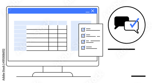 Computer screen displaying organized data table, checklist, and chat bubble with checkmark. Ideal for productivity, task management, analytics, planning, organization, teamwork decision-making
