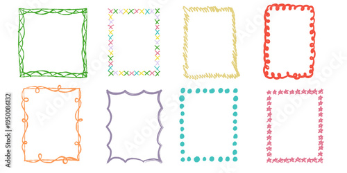 Collection of crayon doodle frames and boxes. Naive hand drawn borders for preschool education, kids posters, birthday cards, playful backgrounds and creative childhood illustrations.