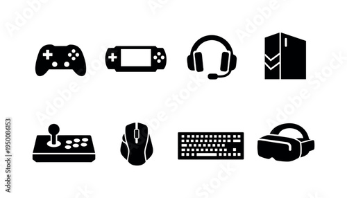 Video game hardware: game controller, handheld console, gaming headset, desktop gaming PC, joystick arcade stick, gaming mouse, RGB keyboard, VR headset