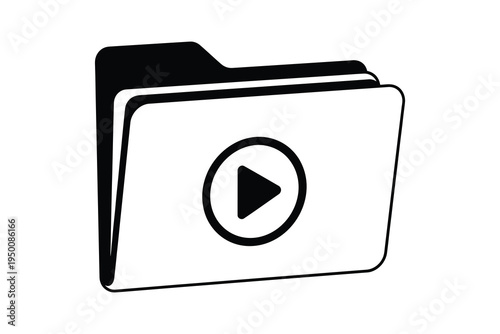 Black and white illustration of a video file folder with a play button, symbolizing multimedia content and video playback.