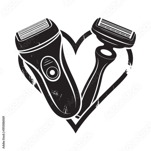 A striking black and white illustration depicts an electric razor and a safety razor forming a heart shape