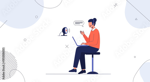 Person on Laptop with Webcam and Chat Bubble, Online Communication Concept