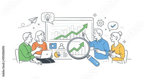 A digital analytics and performance tracking scene with a small business team reviewing online growth and making strategic decisions together, illustrated through a visual metaphor