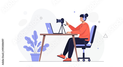 Content Creator Working From Home With Camera and Laptop