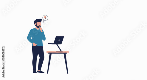 Man Thinking with Lightbulb Idea Above Head, Laptop on Stand