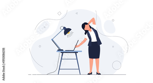 Woman stretching at desk with laptop and lamp, office work break, healthy lifestyle