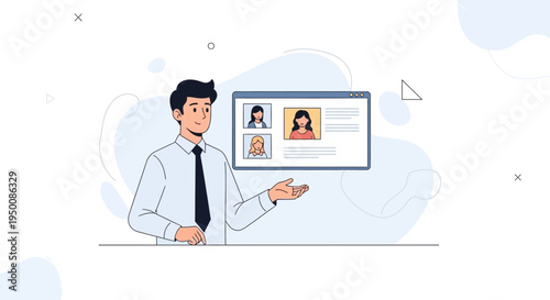 Man presenting online meeting with diverse participants on screen, remote work concept