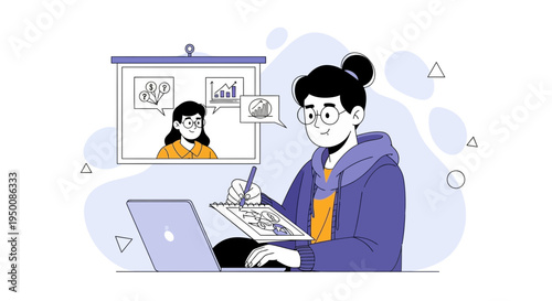 Student learning online, drawing and taking notes on laptop, video call with teacher