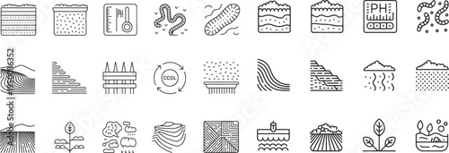 Land management and soil health monitoring icon set for precision farming and environmentalism