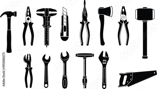 Black Vector Industrial Hand Tool Icon Set Featuring Hammer Pliers Wrenches Saw Axe and Screwdriver Silhouettes for Construction and Repair Services