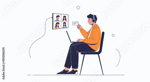Man in headphones on video call with colleagues, remote work and online communication concept